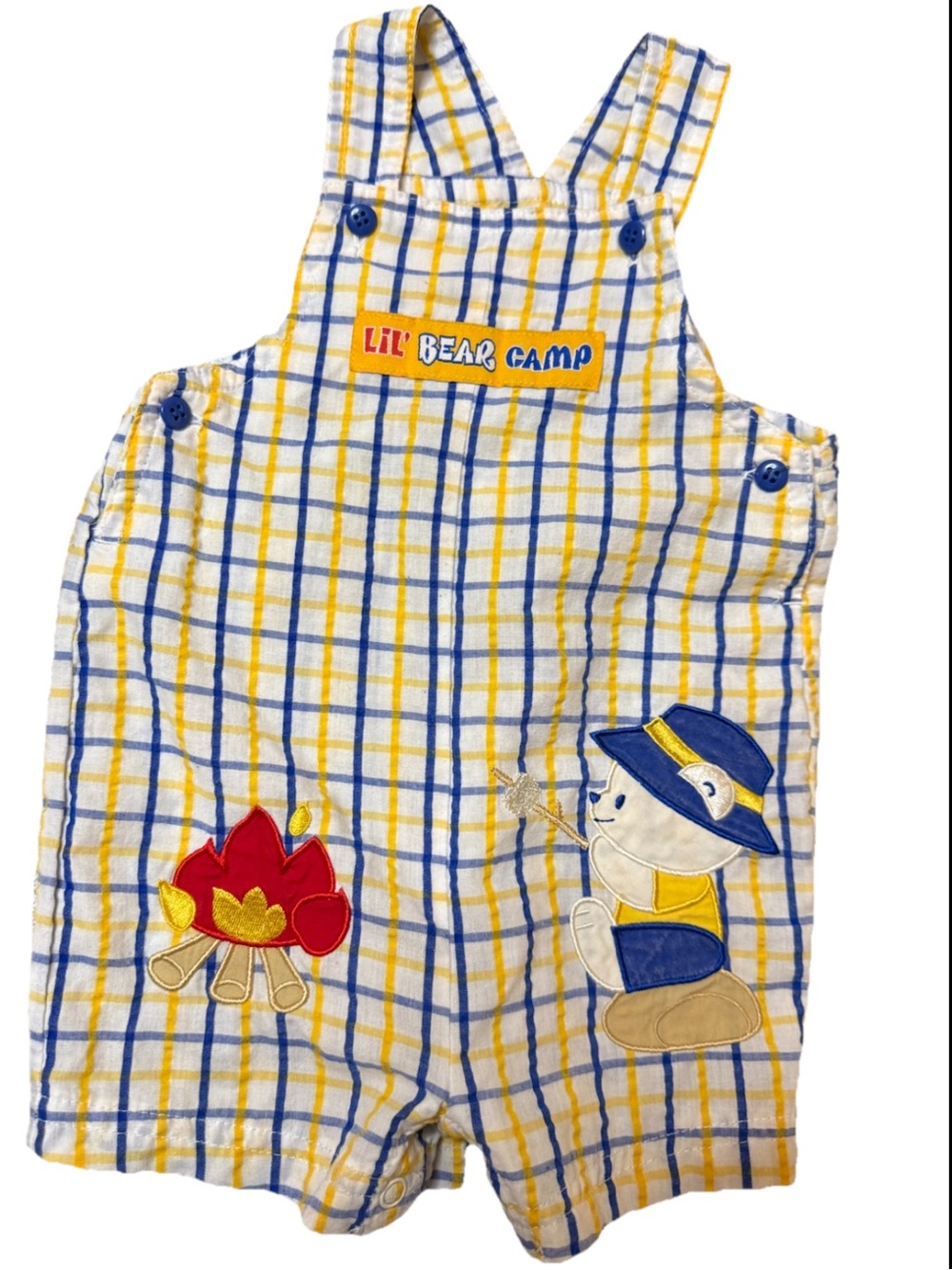 Vintage Baby Boy Overalls Shortalls Plaid Yellow White Blue size 6-9 Months